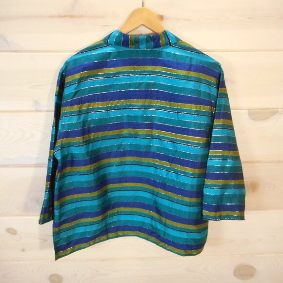 Chico's Design size 1 Womens M Turquoise Blue Raw Silk Striped Jacket Top - Picture 3 of 11